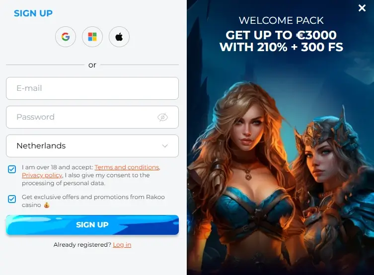 Registreer je op de officiële website van Rakoo Casino.